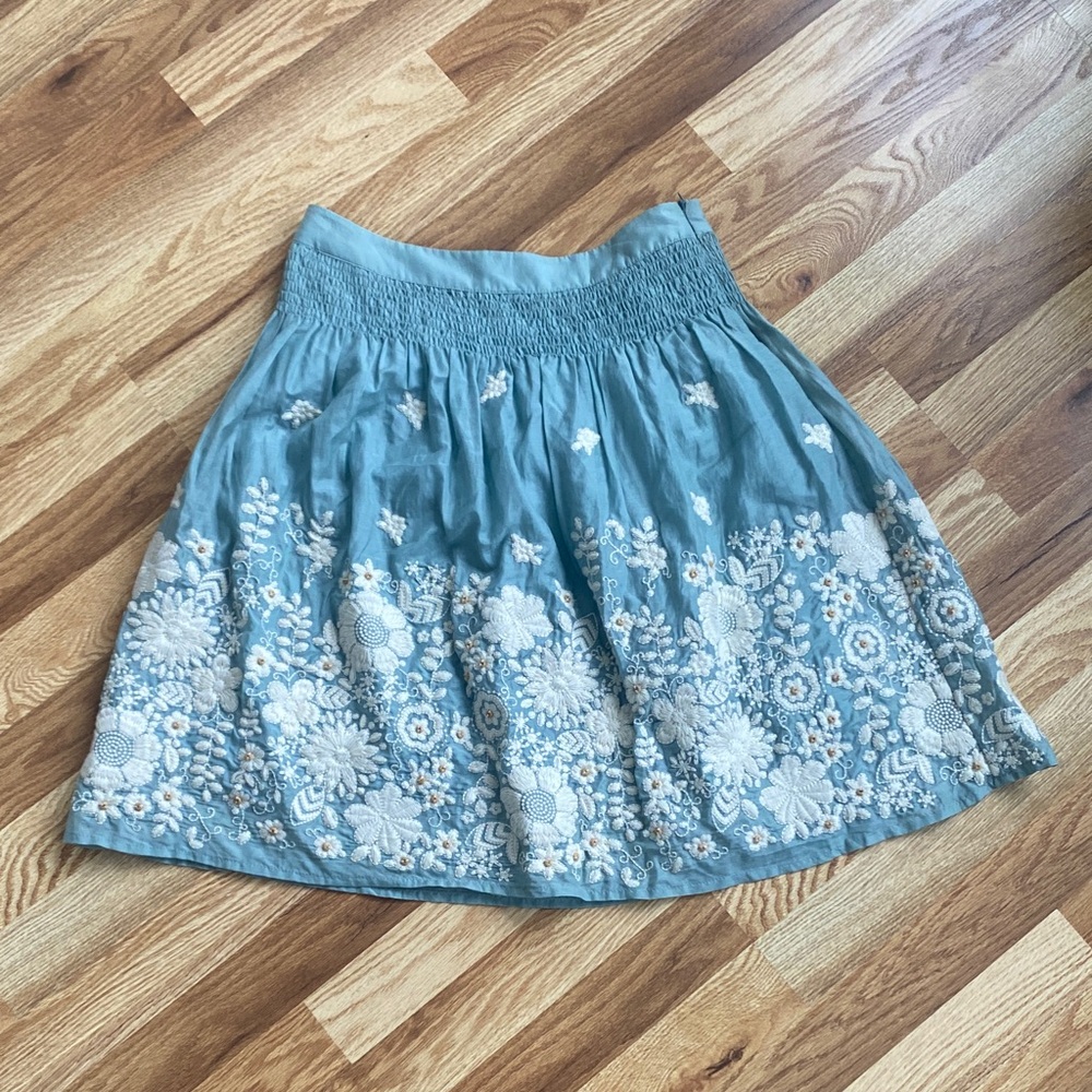Elegant Floral Embroidered A-Line Skirt in Blue